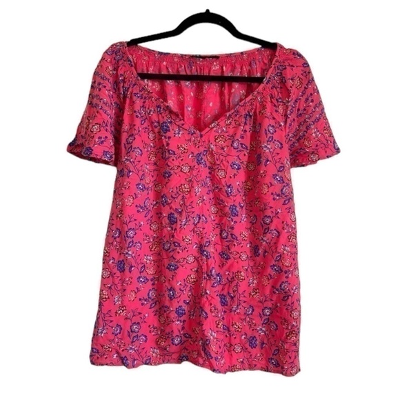 Hot pink floral v-neck cotton blouse, flutter sleeves, size XL - Picture 1 of 10